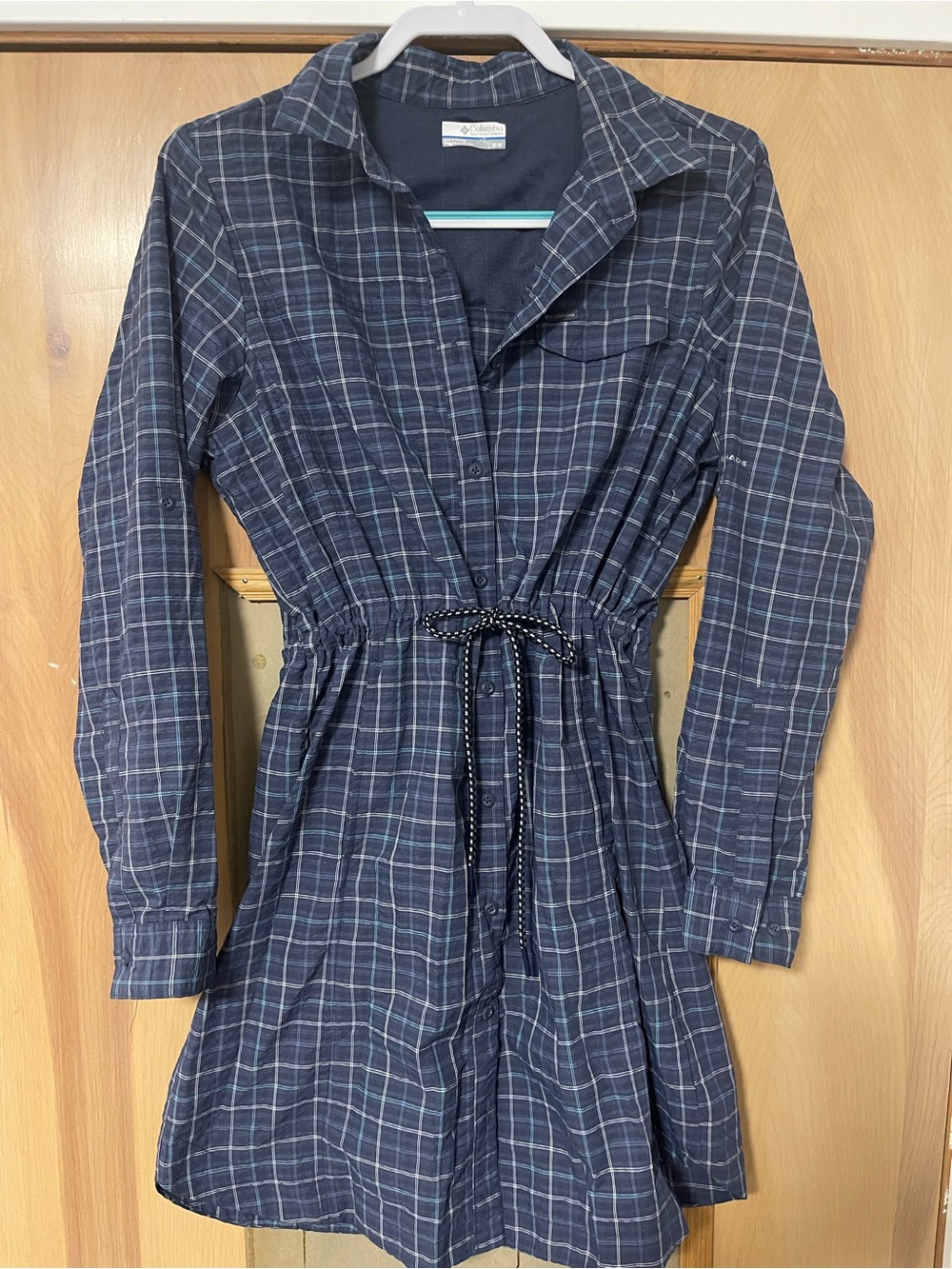 Columbia Navy Blue Plaid Long-Sleeve Drawstring Shirt Dress